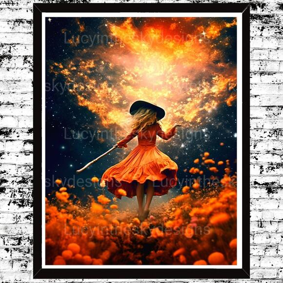 Magical Halloween Witch Universe Cosmo Dreamy Surreal Autumn Art Print - Picture 1 of 4